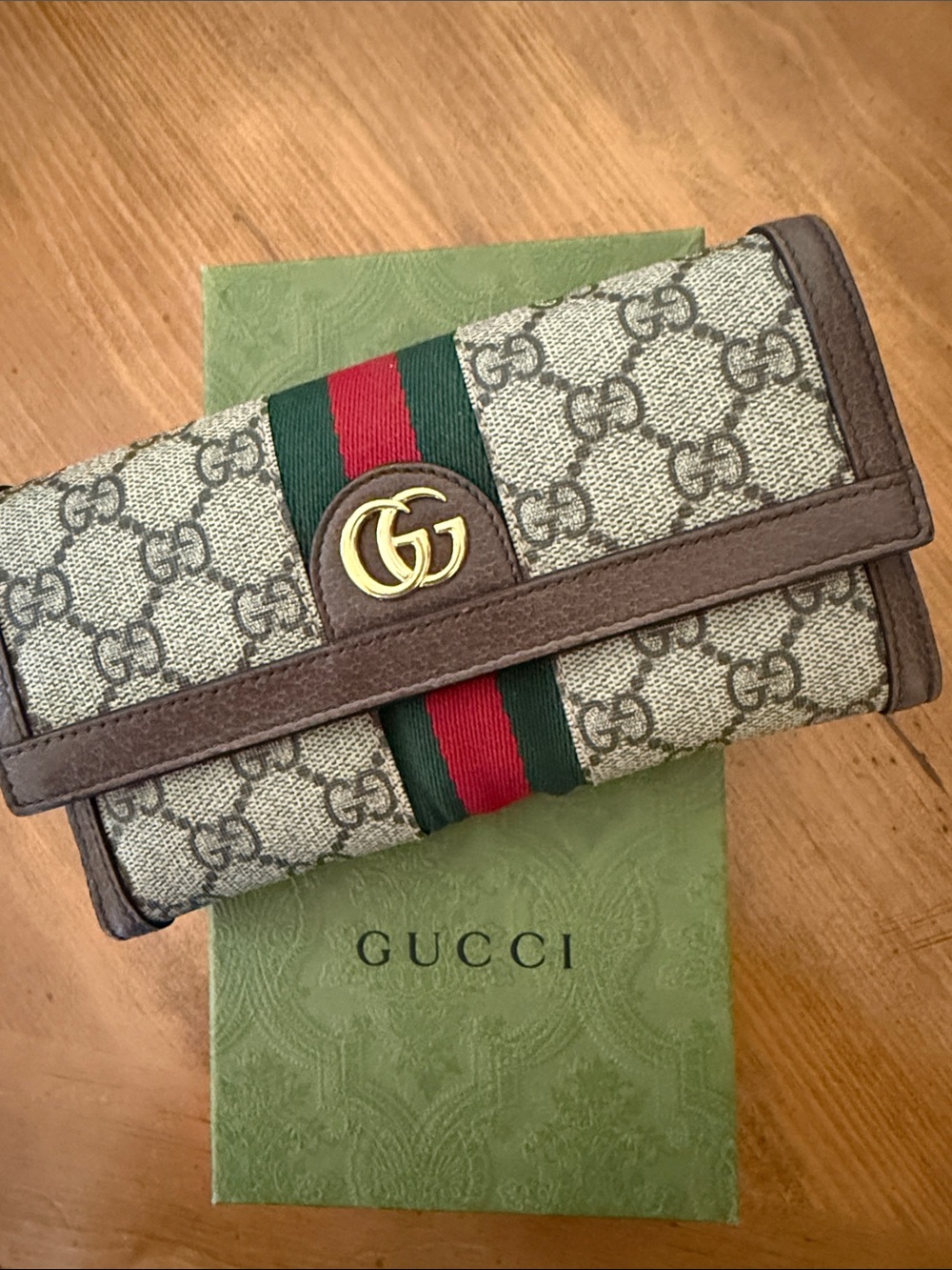 Gucci Beige GG Canvas Wallet with Green-Red Web and Brown Trim